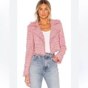 Revolve Lovers + Friends Paola Cropped Jacket Pink Tweed Gold Metallic Small